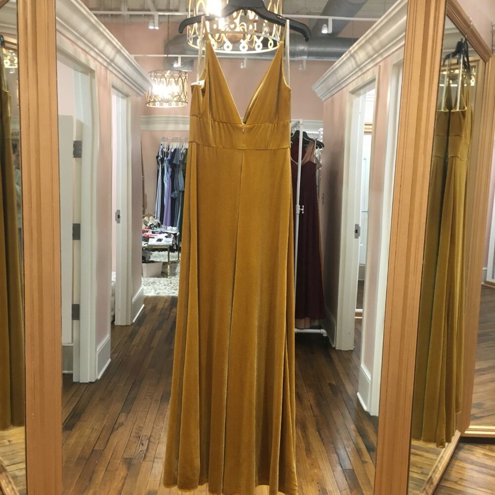Jenny Yoo Madden Stretch Velvet Deep-V Floor Length Bridesmaid Dress Marigold - Picture 4 of 5